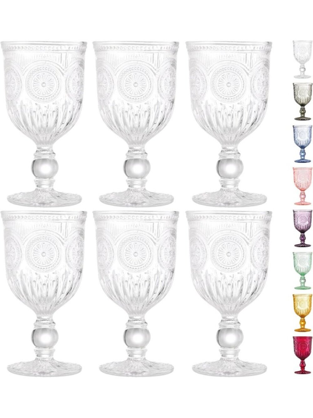 Set of 6 Clear Hobnail Wine Glasses - Elegant Pressed Glass Goblets, 10 oz